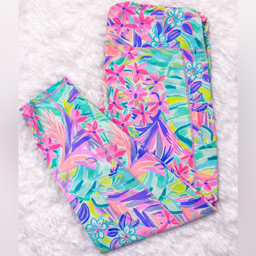Lilly Pulitzer 🌴 Luxletic Capri Leggings XXL Pink Aqua Tropical Floral Print 🌺